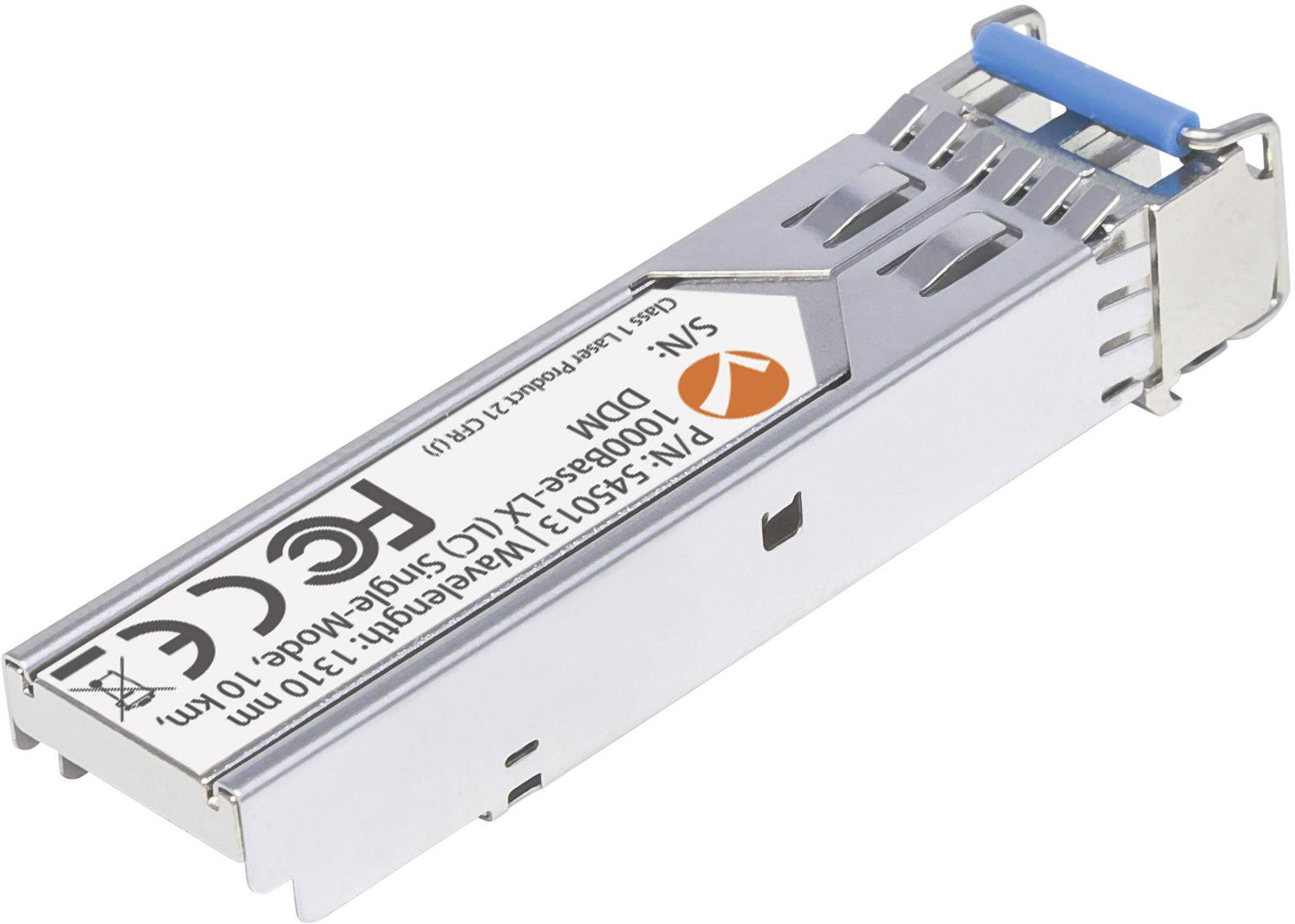 Een SFP-module voor glasvezelverbindingen, geschikt voor 10 km overdrachten bij 1310 nm golflengte. Gecertificeerd volgens CE- en FCC-standaarden.
