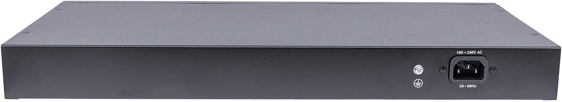 Zwart elektronisch apparaat met netstroomaansluiting aan de voorkant, waarschijnlijk een server of netwerkcomponent.