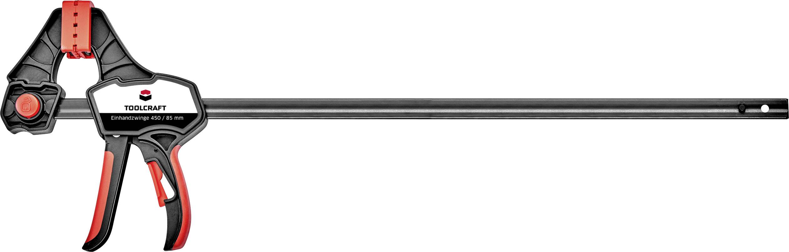 Een zwarte gereedschapsgreep en -arm met rode accenten, waarschijnlijk een snelspanklem. Merk TOOLCRAFT gedrukt.