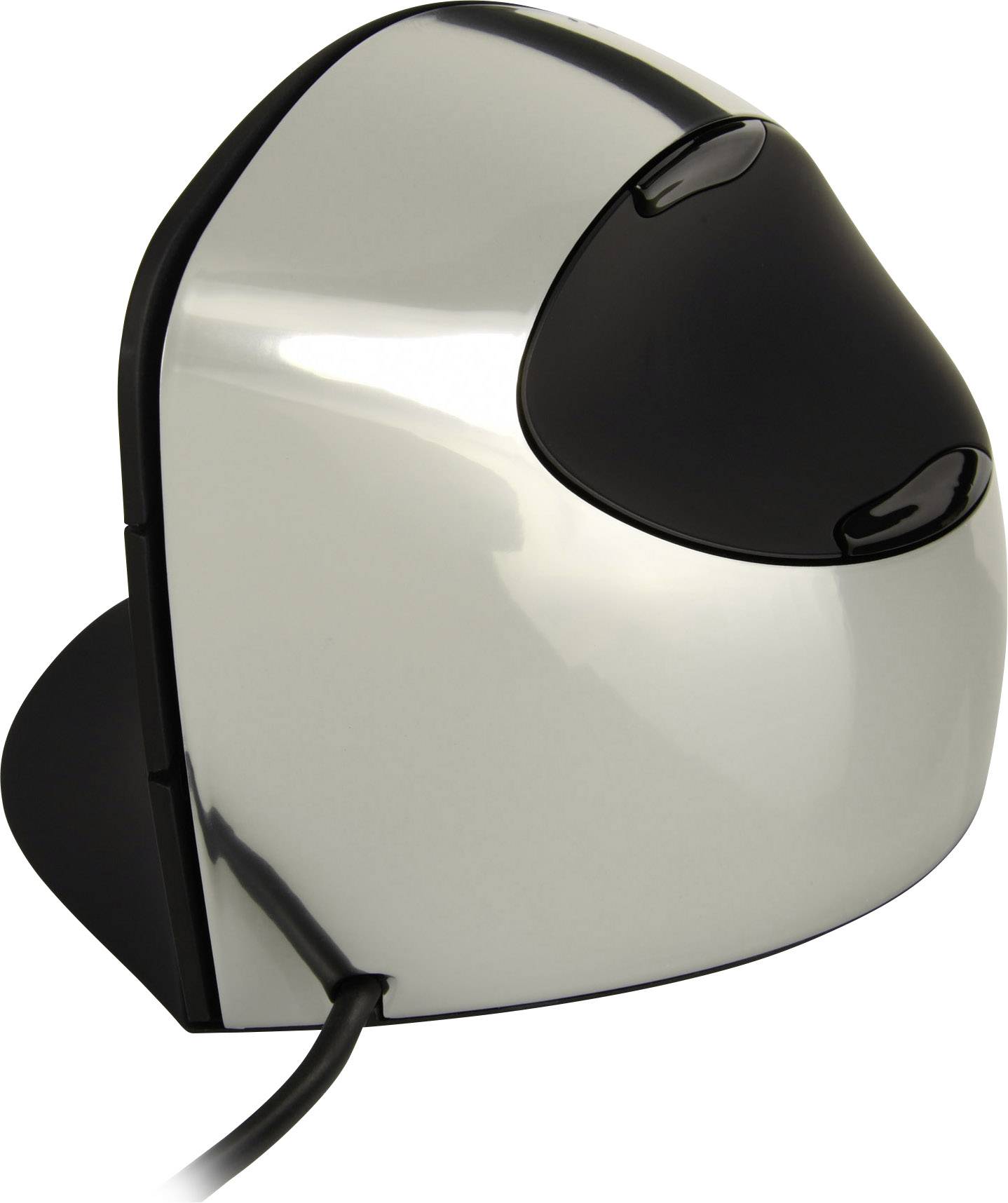 Ergonomische muis in verticale opstelling, zilver met zwarte knoppen, voorkomt spierspanning bij langdurig computergebruik.