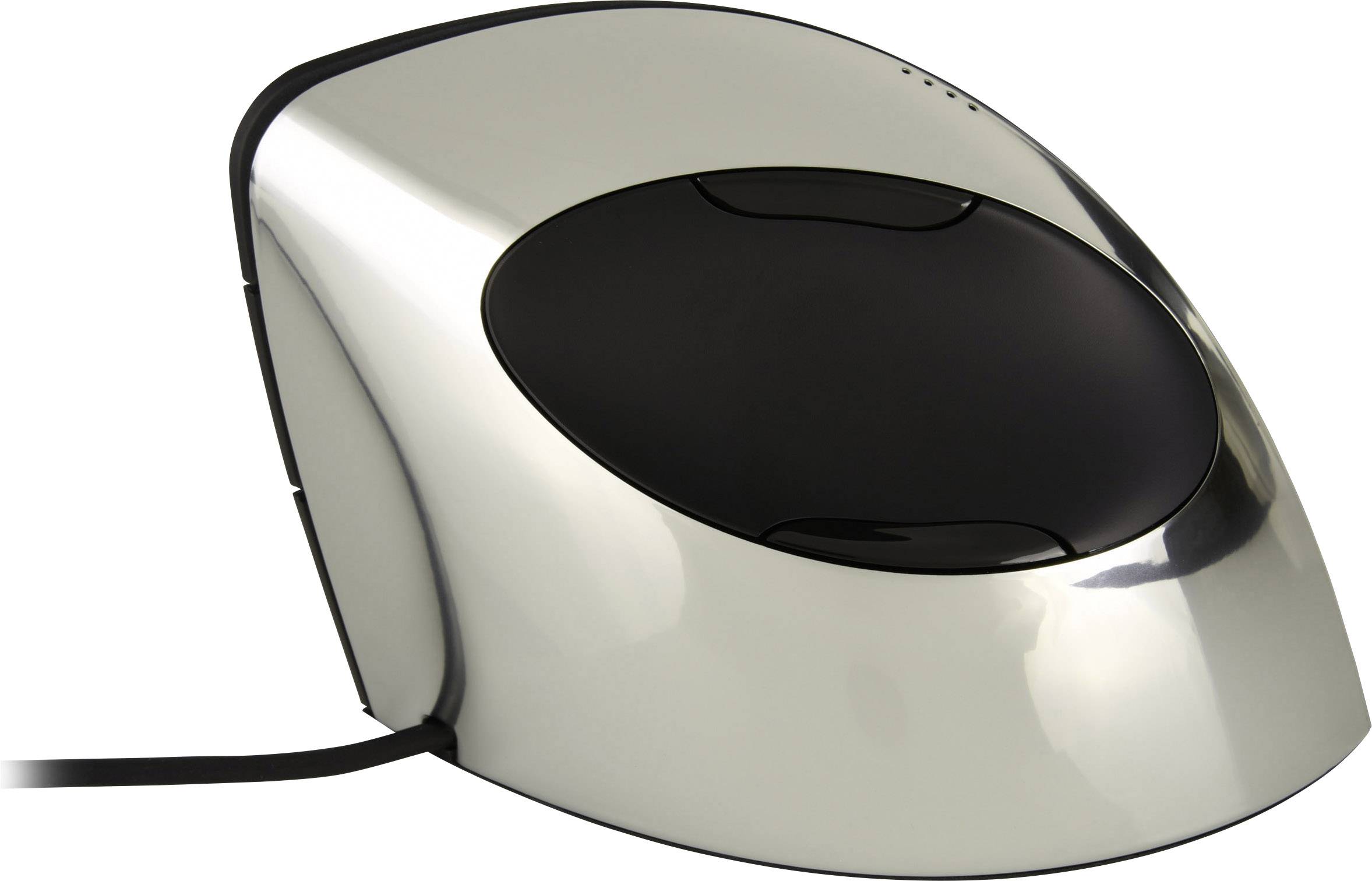 Een zilveren, ergonomische computermuis met een zwart bovenoppervlak en kabel, ontwikkeld voor comfortabel gebruik.