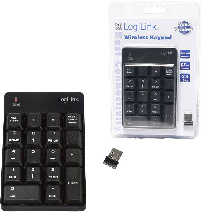 Draadloos LogiLink-numeriek toetsenbord met USB-nano-ontvanger, ideaal voor laptops, biedt numerieke invoerondersteuning.