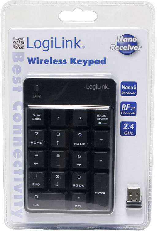 Verpakking van een LogiLink Draadloos Toetsenbord met Nano-ontvanger. Verpakkingstekst: 'Beste Connectiviteit', '2.4 GHz RF Kanalen'.