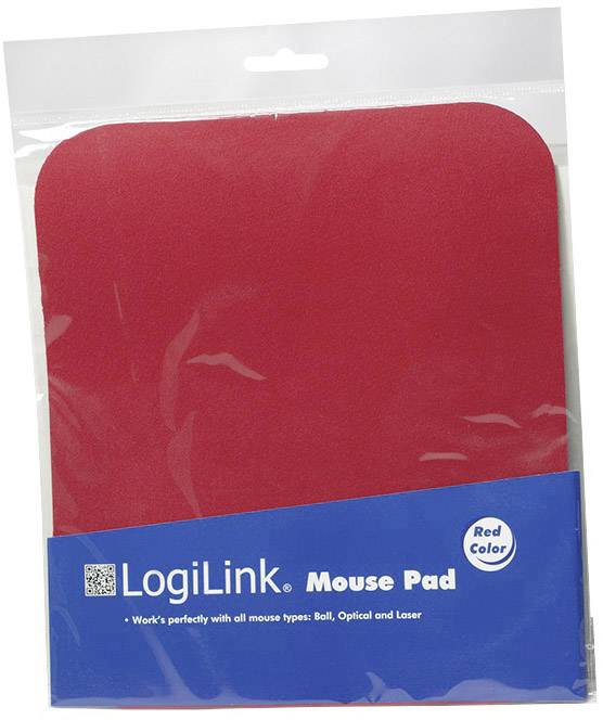 Rood muismat van het merk LogiLink in een transparante verpakking met een blauw etiket. Geschikt voor bal-, optische en lasermensen.