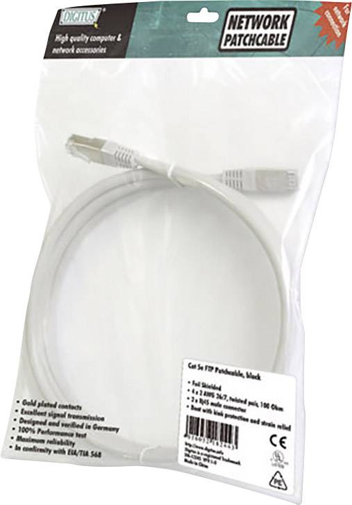 Ethernet-netwerkkabel in verpakking. Gemerkt met 'Cat 5e S/STP', lengte 1,5 meter. Fabrikant: Digitus. Beschikbare kabeldetails.