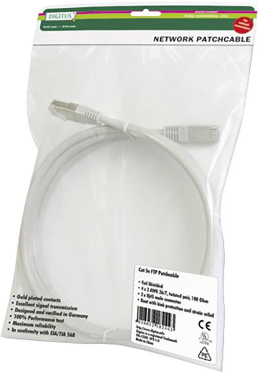 Netwerk-patchkabel in een witte verpakking met de opdruk 'NETWORK PATCHCABLE'. Geschikt voor Ethernet-verbindingen.