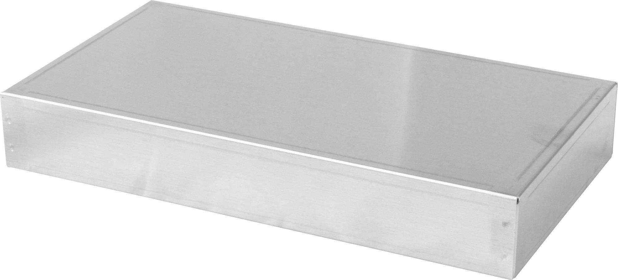 Rechthoekige metalen behuizing met een gladde, zilveren afwerking, geschikt voor het huisvesten van elektronische componenten.