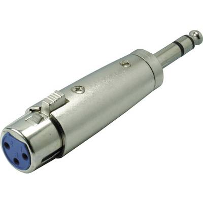 Een adapter met XLR-aansluiting naar jackplug heeft een zilveren metalen oppervlak. Hij wordt vaak gebruikt voor audioverbindingen.