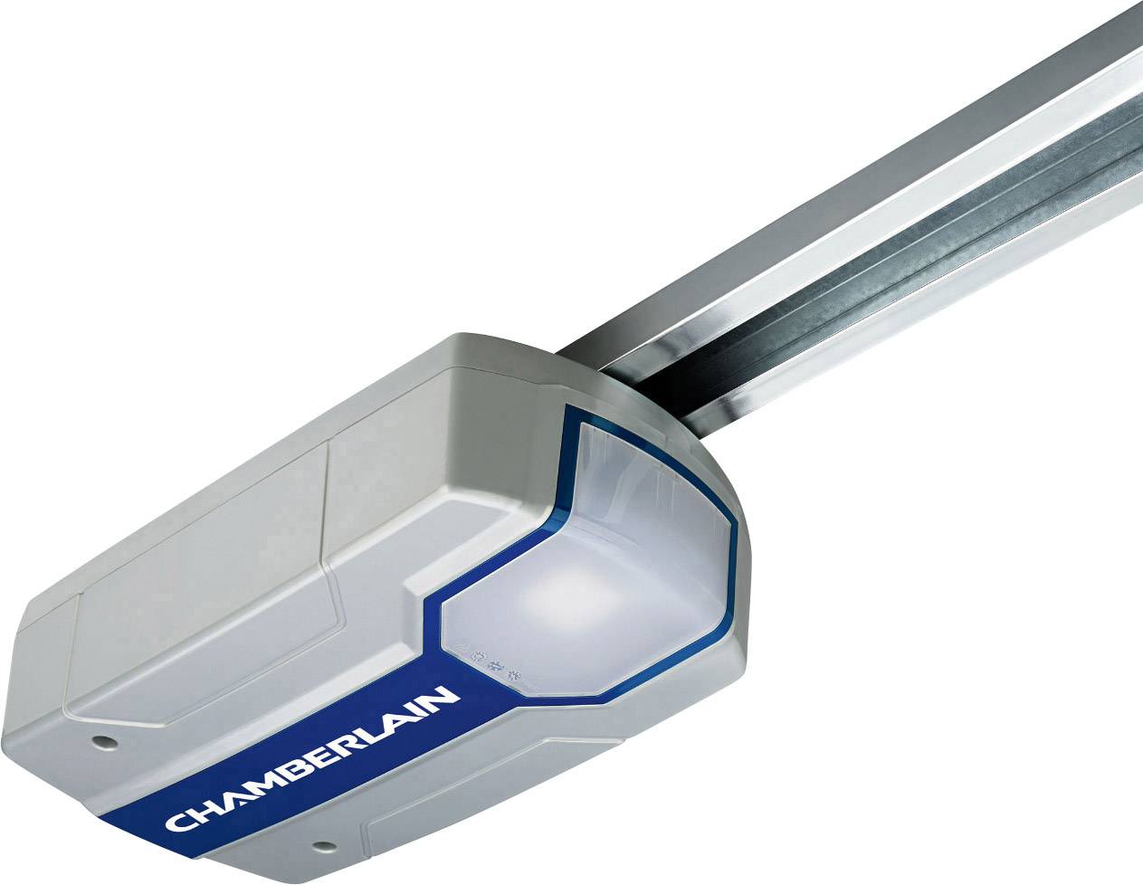 Garagedeuropener van Chamberlain met railaandrijving, modern design, geschikt voor automatische garagedeurbesturing.