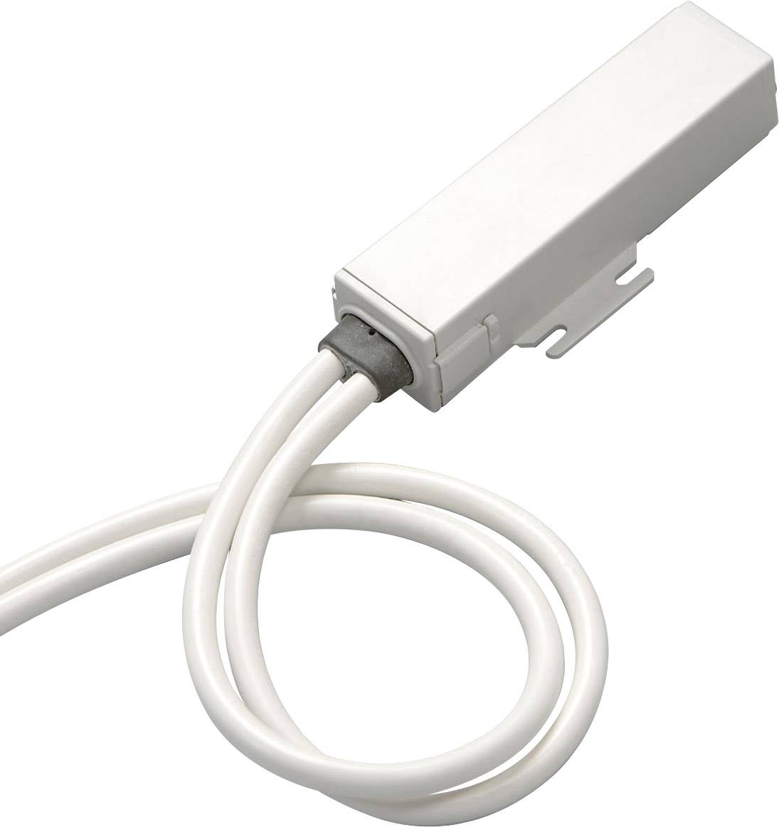 Grijze rechthoekige elektronische sensor met gebogen kabel, geschikt voor toepassingen in elektrische besturingssystemen.