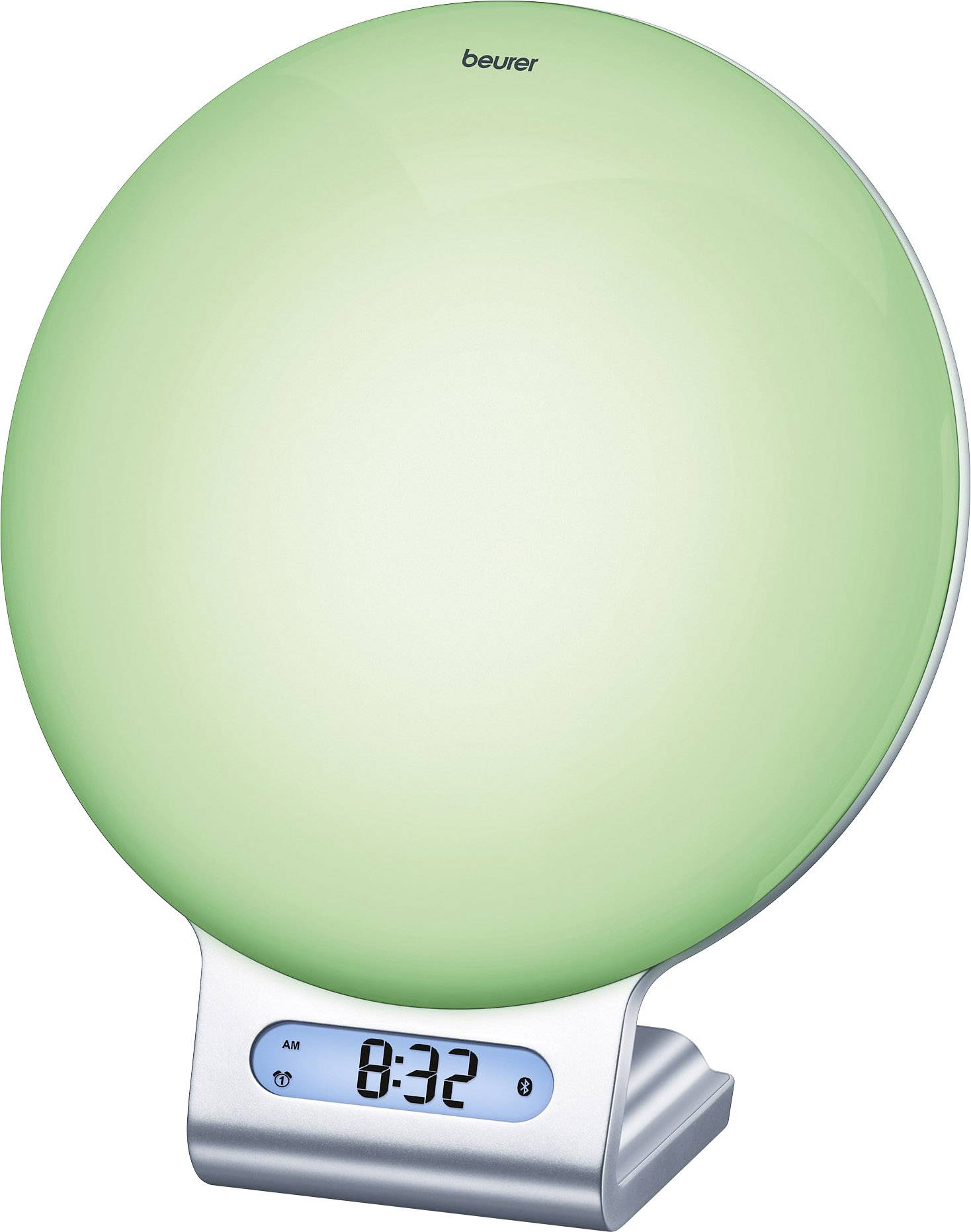 Ronde, groene lamp met digitale klok op een zilveren voet. De weergegeven tijd is 8:32.