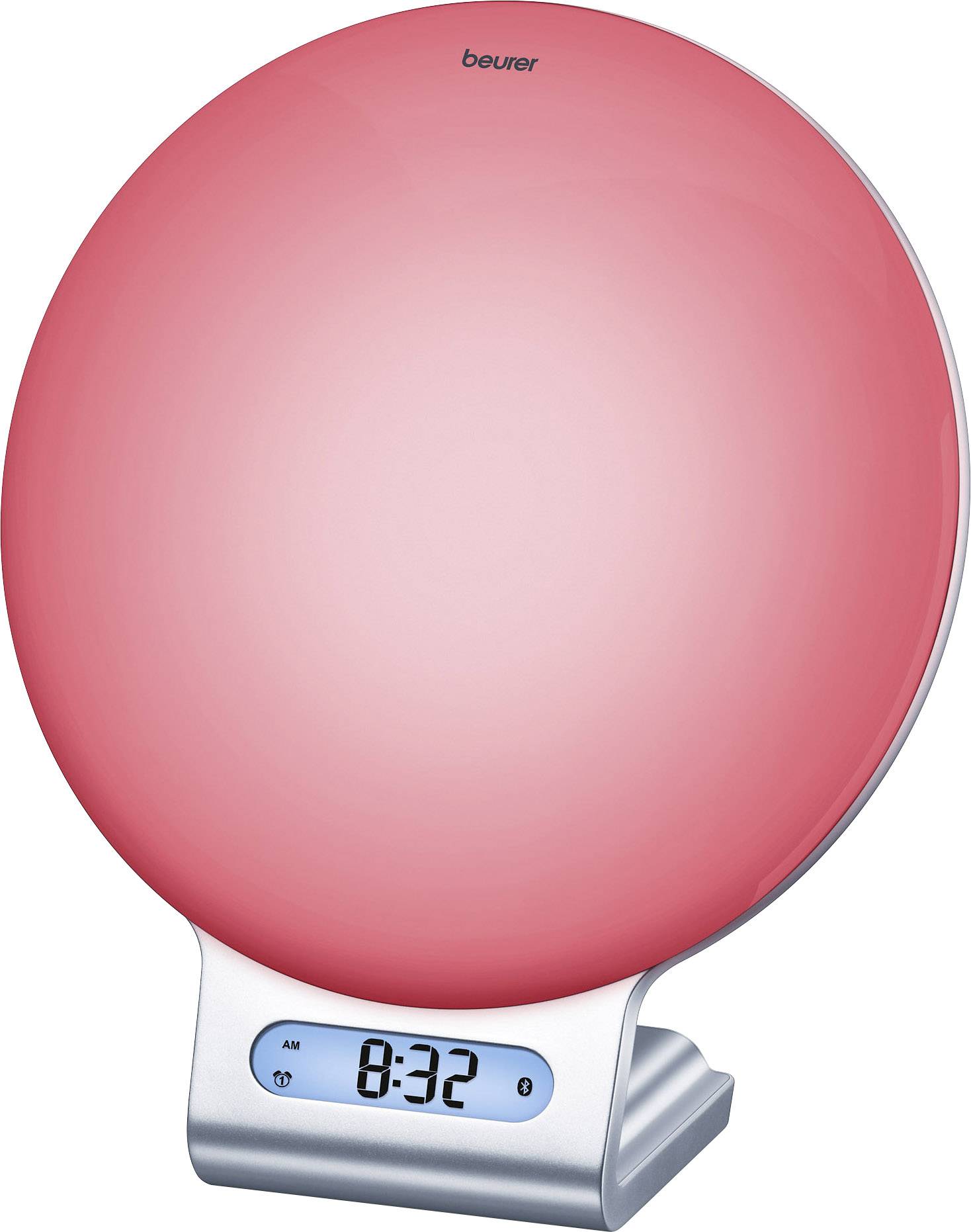 Een wake-up light met een rond, verlichtend scherm in roze. Onderaan bevindt zich een digitaal uurscherm dat 8:32 uur aangeeft.