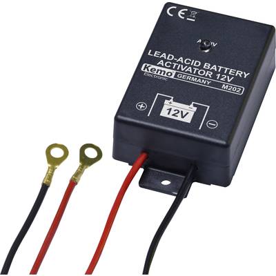 Zwart apparaat met de opdruk 'Lead-Acid Battery Activator 12V', twee kabels met oogjes, geschikt voor 12V-batterijen.