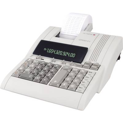 Elektronische tafelrekenmachine met printfunctie, toont op display: '16543209,24'. Papierrol met gedrukte getallen bovenaan zichtbaar.