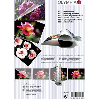 Verpakking voor Olympia Lamineerhoes, toont afbeeldingen van bloemen en een lamineerapparaat. Tekst in meerdere talen beschrijft het product.