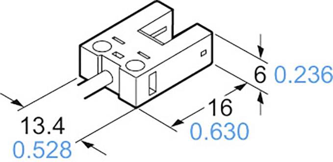 Isometrische tekening van een rechthoekige elektrische connector met afmetingen: 13,4 mm, 16 mm en 6 mm.