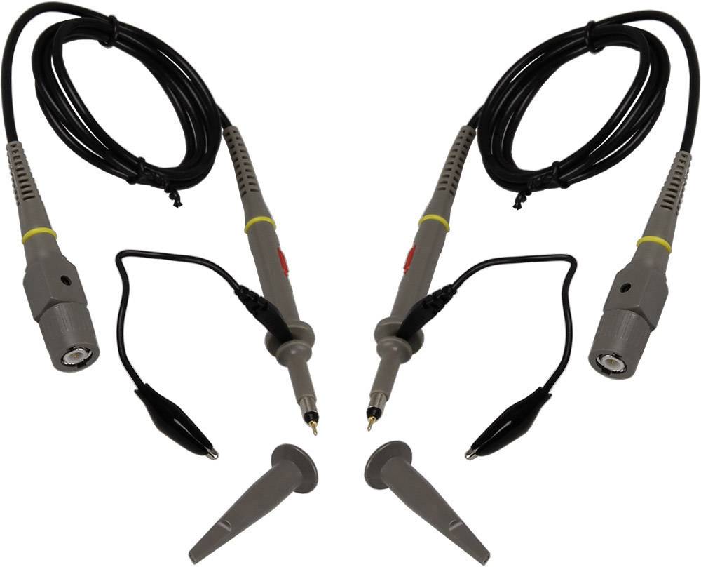 Twee oscilloscoopsondes met krokodillenklemmen en verwisselbare punten, geschikt voor nauwkeurige elektronische metingen.