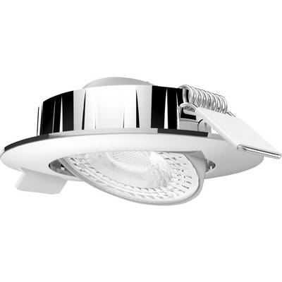 Een ronde LED-inbouwspot met glanzende chromen rand en geprofileerd glas voor gerichte verlichting in plafonds.