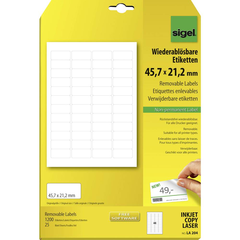 Sigel LA204 Etiketten 45.7 x 21.2 mm Papier Wit 1200 stuk(s) Weer verwijderbaar Universele etiketten 25 vel DIN A4