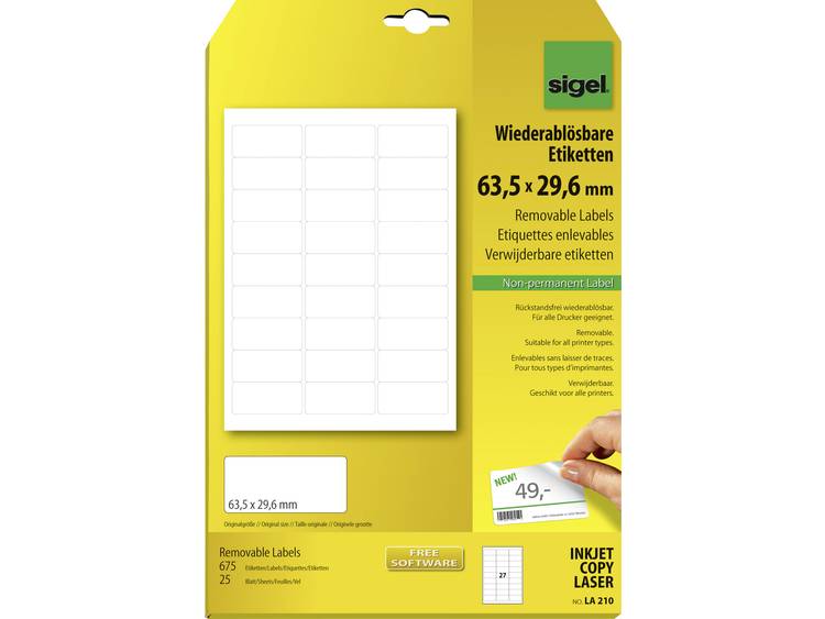 Sigel LA210 Etiketten (A4) 63.5 x 29.6 mm Papier Wit 675 stuks Weer verwijderbaar Universele etikett