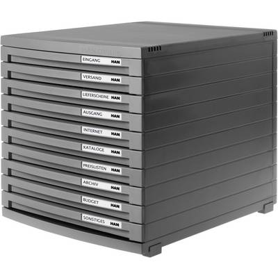 Een zwarte documentenorganizer met tien gelabelde laden: 'INKOMEND', 'VERZENDING', 'PAKBONNEN', 'UITGAAND', 'INTERNET', 'CATALOGI', 'PRIJSLIJSTEN', 'ARCHIEF', 'BUDGET', 'OVERIG'.