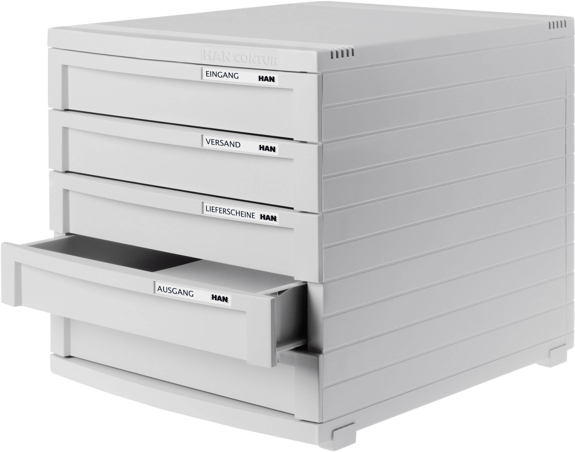 Grijs-witte ladenorganizer met vier vakken, gemerkt met 'Binnenkomend', 'Verzending', 'Pakbonnen', 'Uitgaand'; één vak open.