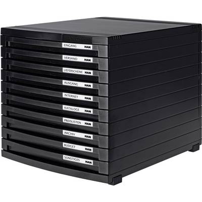 Een zwarte archiefkast met negen gelabelde lades: 'Binnenkomst', 'Verzending', 'Pakbonnen', 'Uitgaand', 'Internet', 'Catalogi', 'Voorlijsten', 'Archief', 'Budget', 'Overig'.
