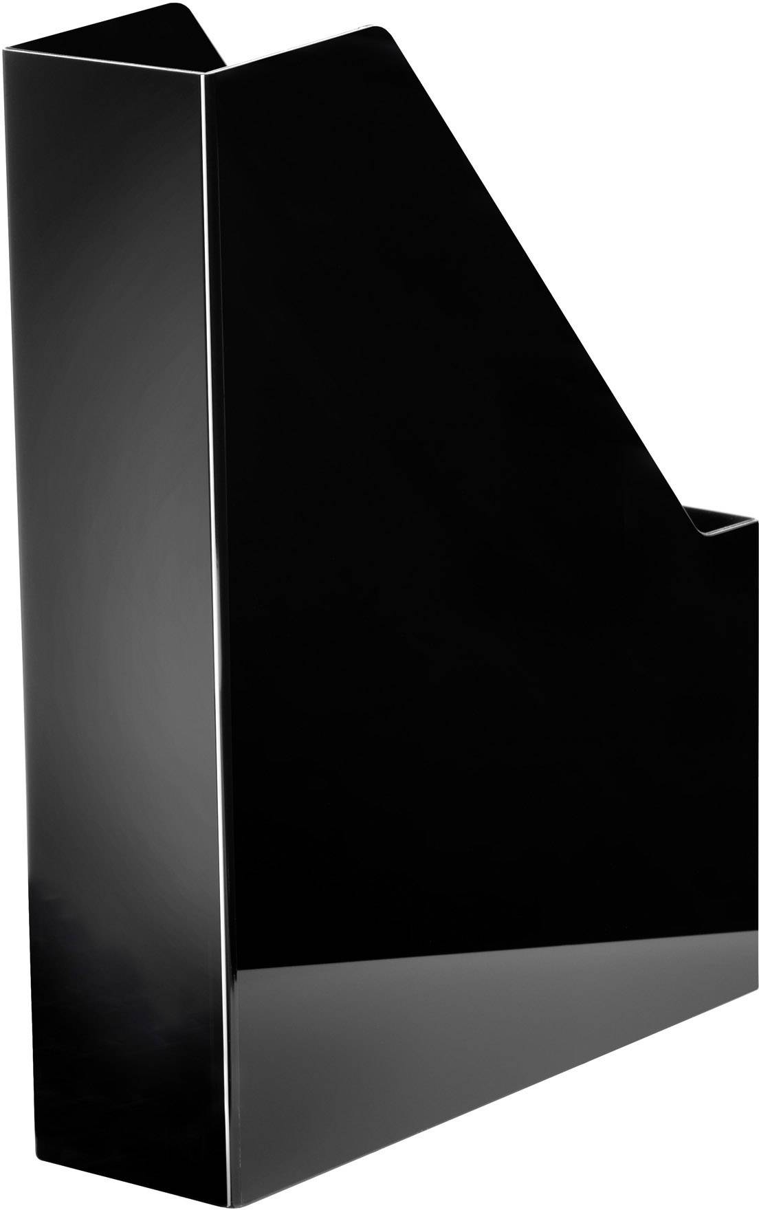 Zwarte tijdschriftenhouder in driehoekige vorm, ideaal voor het opbergen van tijdschriften of documenten op kantoor of thuis.