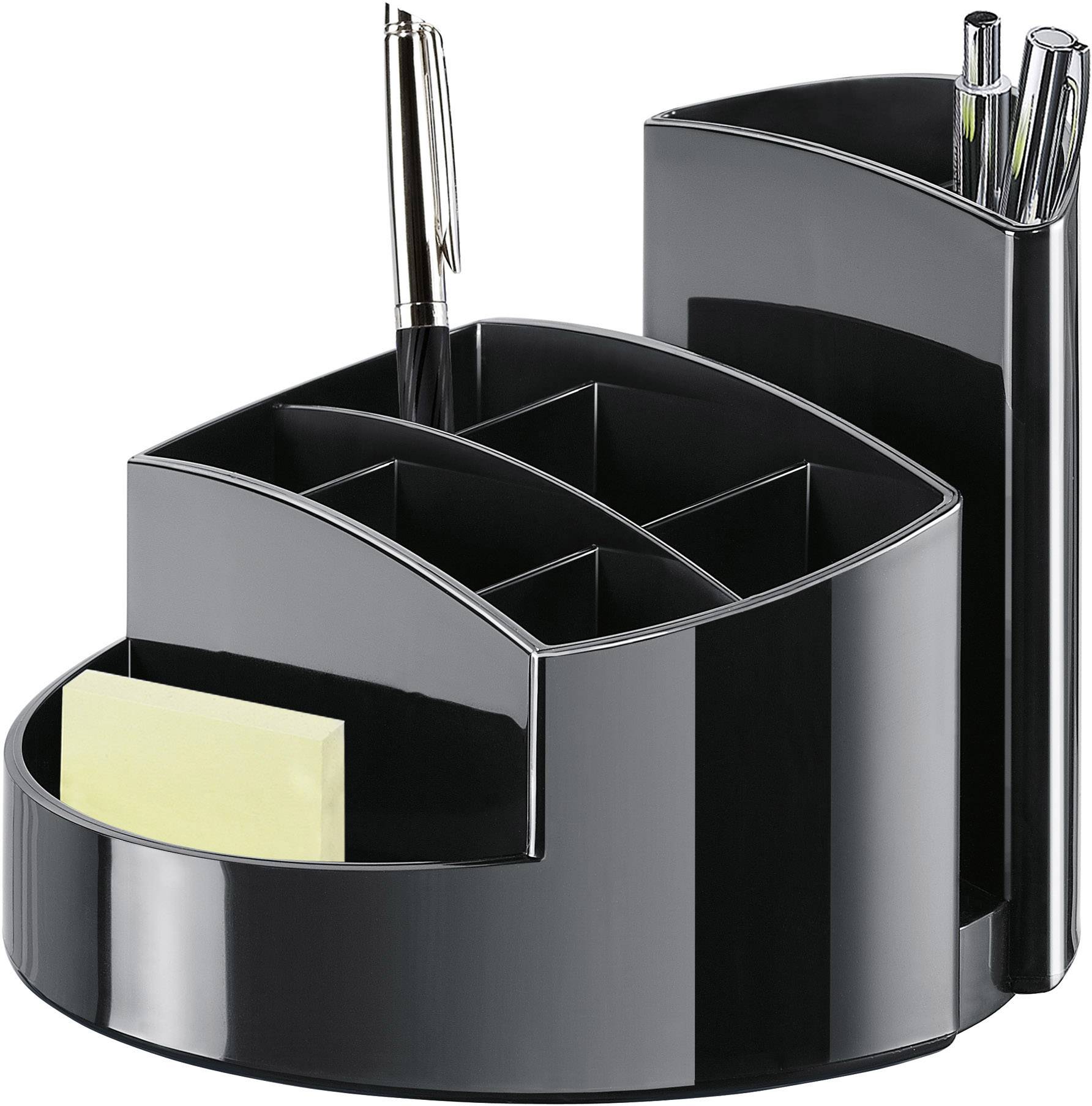Zwarte, draaibare bureauorganizer met meerdere vakken, gevuld met pennen en plaknotities. Ideaal voor het opbergen van kantoorbenodigdheden.