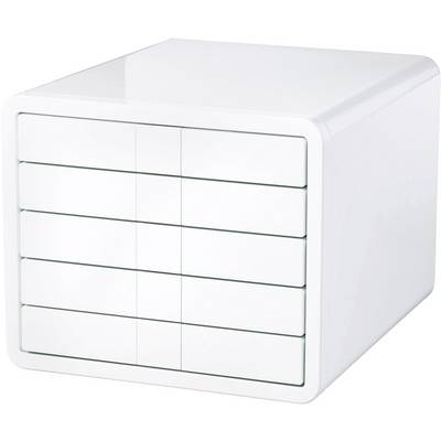 Een witte, kubieke ladenkast met vijf horizontale, smalle laden.