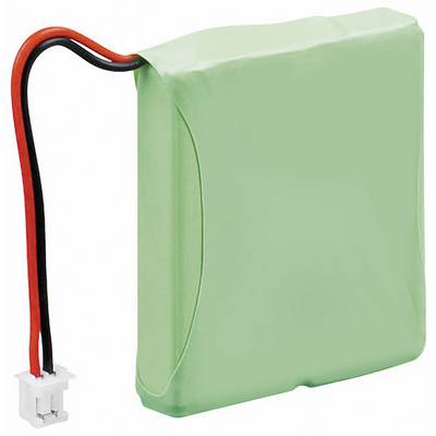 Groene accu met twee draden, rood en zwart, en een witte stekkerverbinding.