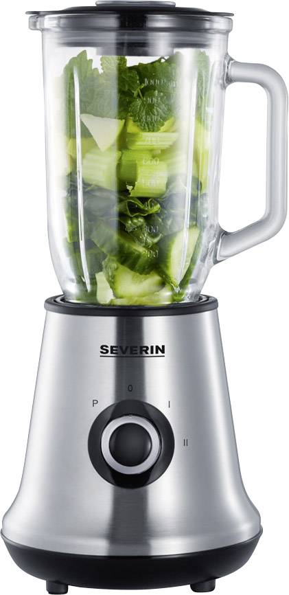 Een zilveren mixer gevuld met groene groenten, met het merk 'Severin'.