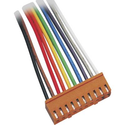 Elektronische stekker met negen gekleurde kabels (zwart, bruin, rood, oranje, geel, groen, blauw, paars, wit) eindigt in een oranje behuizing.