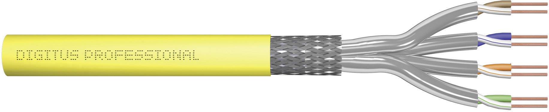 Afbeelding van een geel kabel met de tekst 'DIGITUS PROFESSIONAL', waarop meerdere getwisteaders met gekleurde uiteinden te zien zijn.