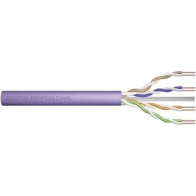 Lila Ethernet-kabel met vier getwiste aderparen in de kleuren Oranje, Blauw, Groen en Bruin, gemarkeerd met 'Digitus Professional'.