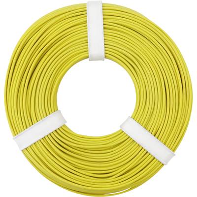 Een geel kabel opgerold, beveiligd met twee witte plastic banden.