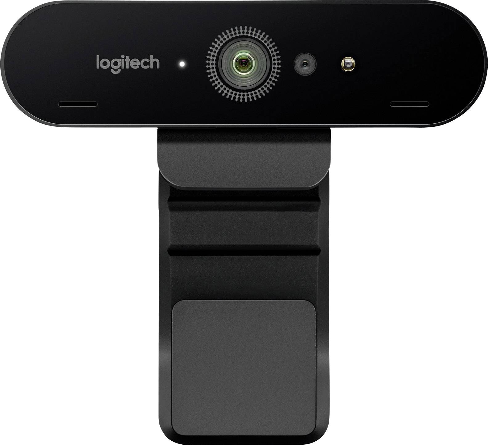 Een zwarte webcam met Logitech's logo linksboven en een centrale lens, geschikt voor videogesprekken en opnames.