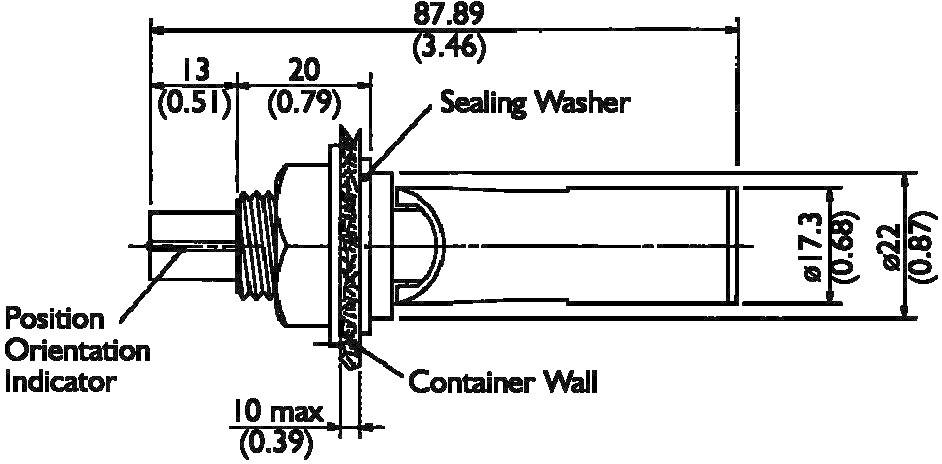 Technische tekening van een cilindrische stekker met maatvoering. Toont positionering, afdichtingsschijf en containerwand.