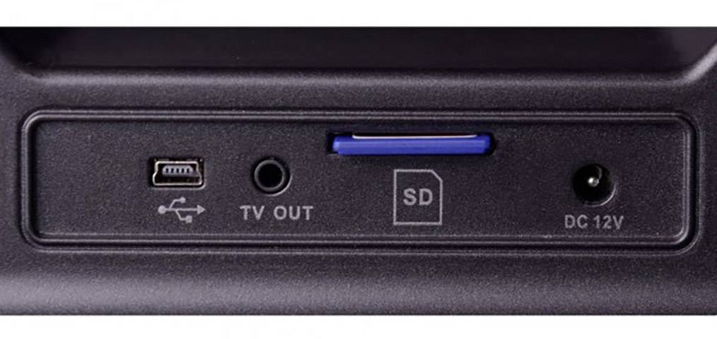 Close-up van aansluitingen: Mini-USB, tv-uitgang, SD-kaartslot en DC 12V-stroomaansluiting.