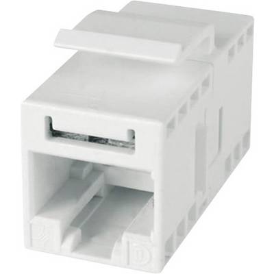 Een witte elektrische stekkerverbinding voor kabelinstallaties, rechthoekige vorm, met een bovenste afdekking.