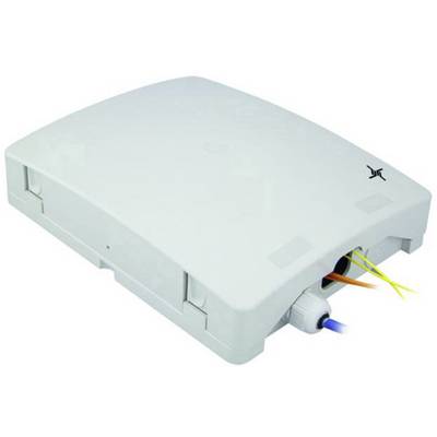 Een rechthoekig, grijs elektronisch apparaat met meerdere kabels die aan één kant zijn aangesloten.