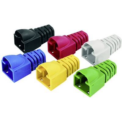 Zes gekleurde RJ45-stekerdoppen van kunststof in zwart, rood, wit, blauw, geel en groen, op een witte achtergrond.