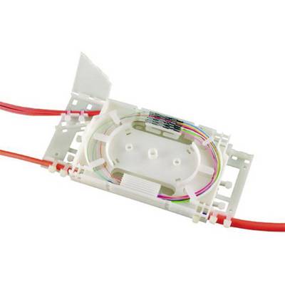 Witte vezelcassette voor glasvezelkabels, verbonden met oranje kabels, toont meerdere gekleurde vezelverbindingen aan de binnenkant.