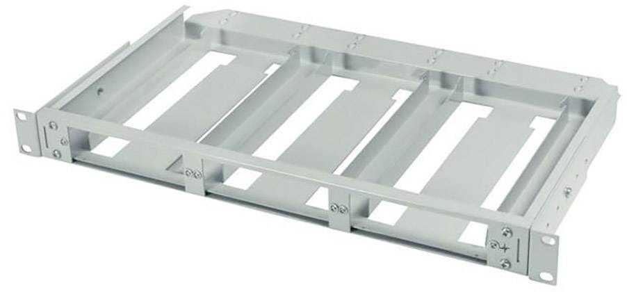 Metalen frame voor de installatie van vier 3,5-inch harde schijven, met bevestigingsgaten aan beide zijden voor montage in een behuizing.