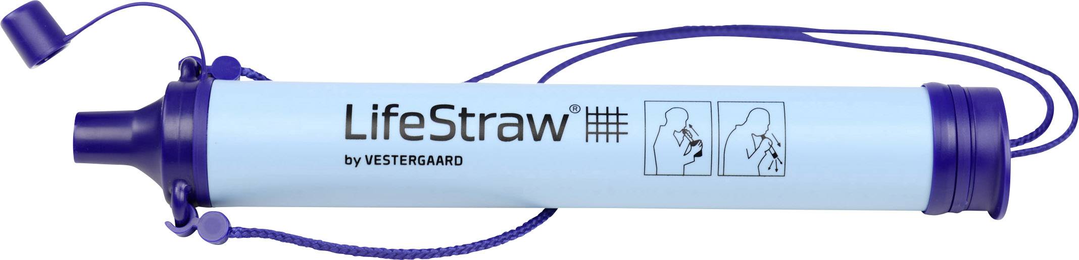 Drinkstro-waterfilter 'LifeStraw' in het blauw voor waterzuivering. Toont schematische instructies voor gebruik.