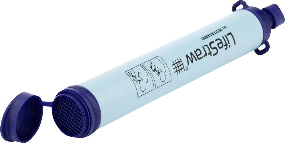 Draagbare waterfilter in buisvorm met blauwe dop, geschikt voor buitenactiviteiten om bacteriën en verontreinigingen uit water te verwijderen.