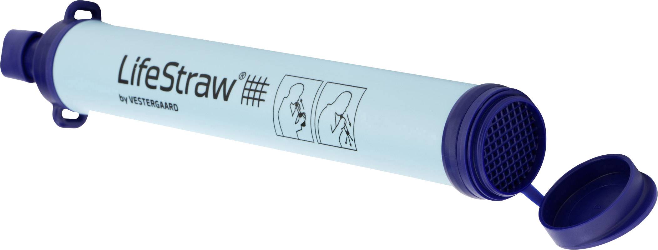 Drinktoestel LifeStraw met blauwe hoes, open dop en pictogrammen voor het drinken van water door het apparaat.