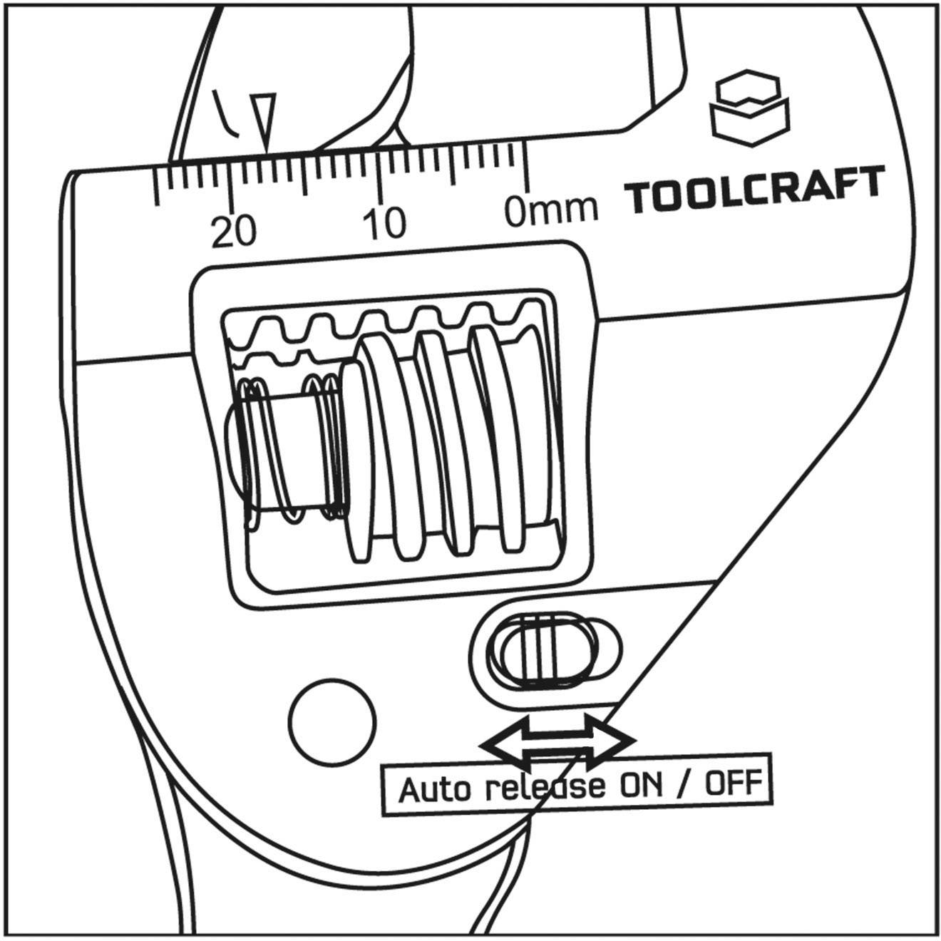 Een verstelbare moersleutel met een schaal in millimeters, een toets voor de auto-release-functie en het Toolcraft-logo erop gedrukt.