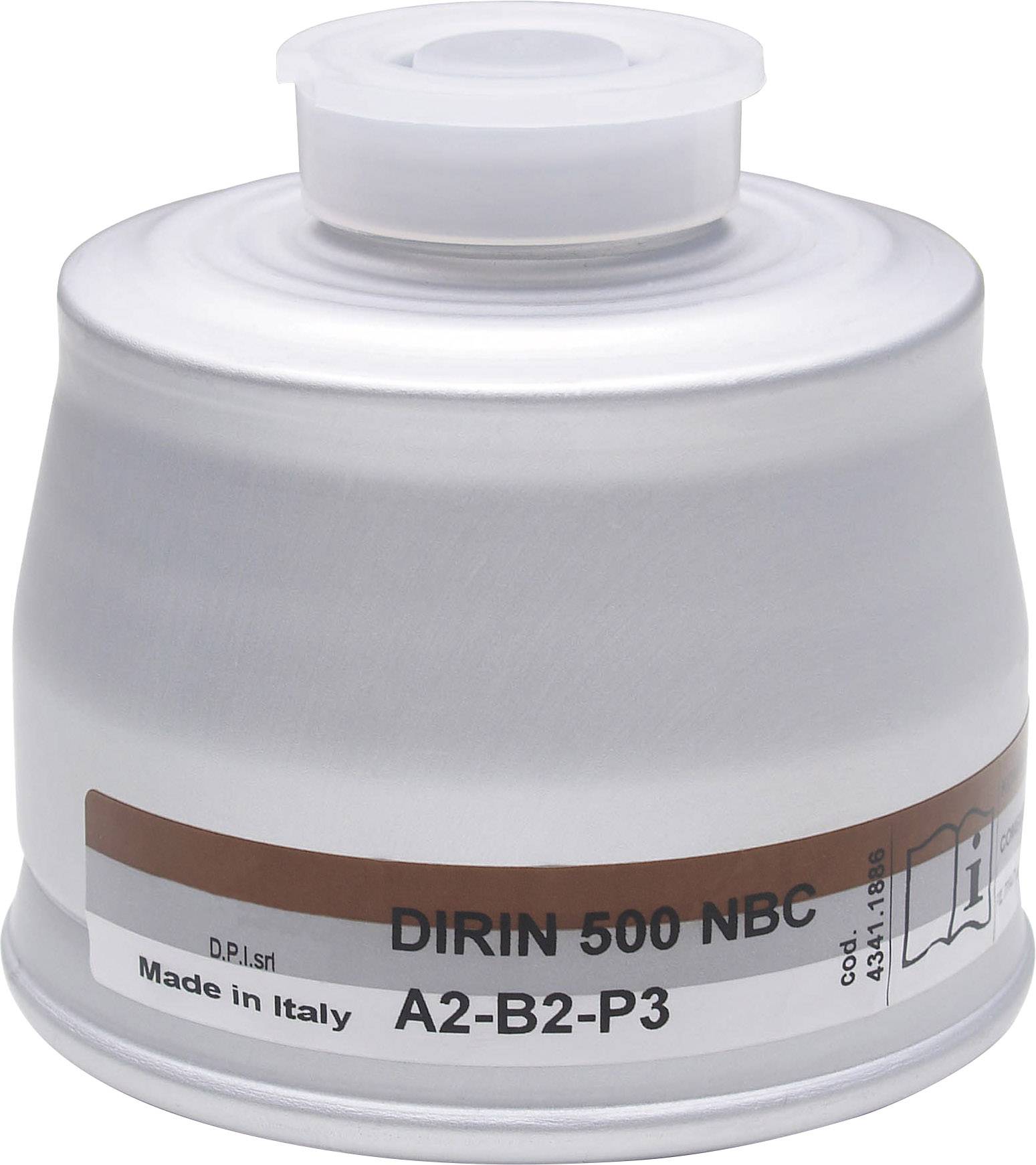 Een zilveren ademhalingsfilter met de opschrift 'DIRIN 500 NBC', 'A2-B2-P3', en 'Made in Italy', gebruikt voor veiligheidstoepassingen.