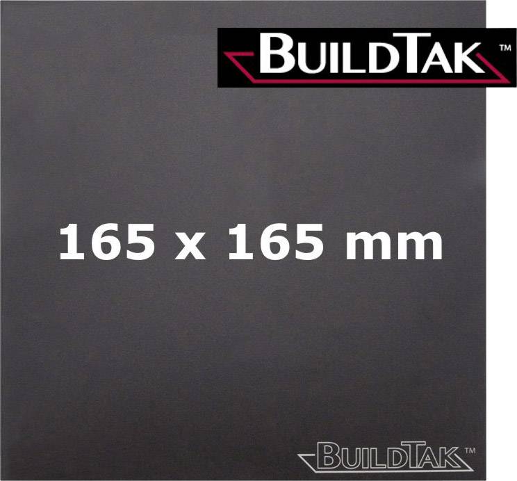 BuildTak-oppervlak met afmetingen van 165 x 165 mm, grijze vierkante oppervlakte, merkenlogo in de rechterbovenhoek.